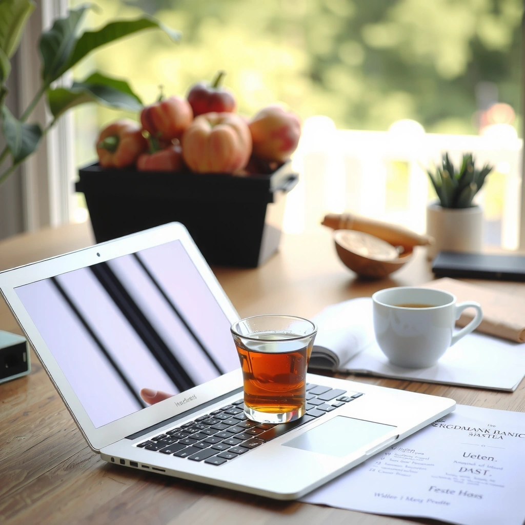 Gemütlicher Arbeitsplatz mit Laptop und Tee