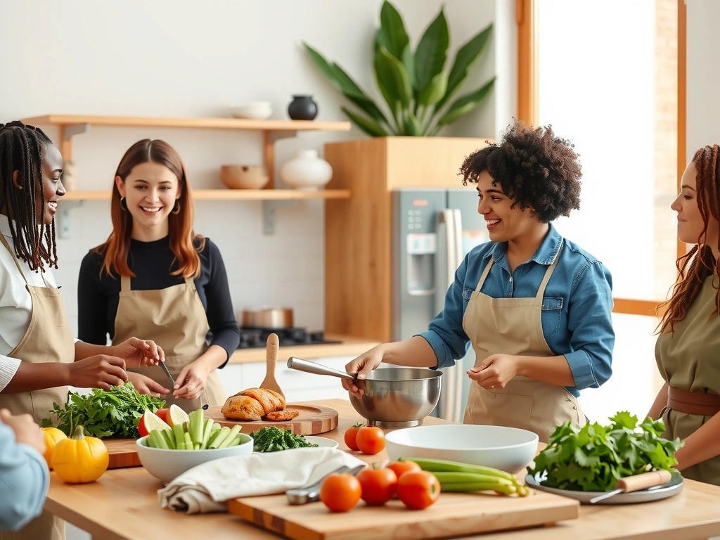 Gruppo eterogeneo di persone che partecipano a una lezione di cucina sana, simboleggiando la comunità e l'apprendimento