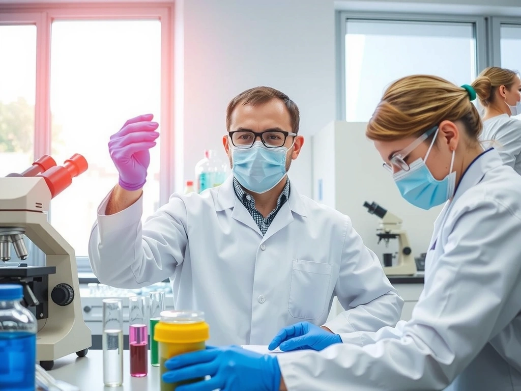 Scienziati che lavorano in un laboratorio con provette e microscopi, simboleggiando la ricerca nutrizionale