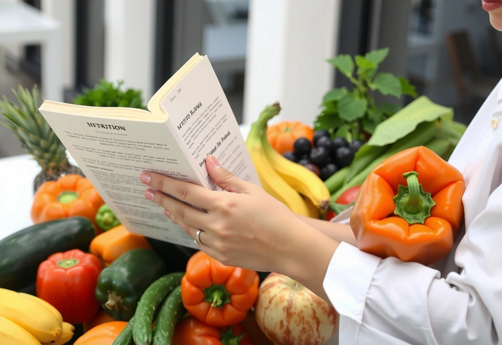 Una persona che legge un libro sulla nutrizione, circondata da frutta e verdura fresca, in un ambiente luminoso e moderno.