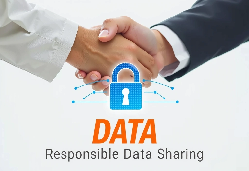 Due mani che si stringono in un gesto di fiducia, con una chiave digitale in primo piano, simboleggiando la sicurezza e la condivisione responsabile dei dati.