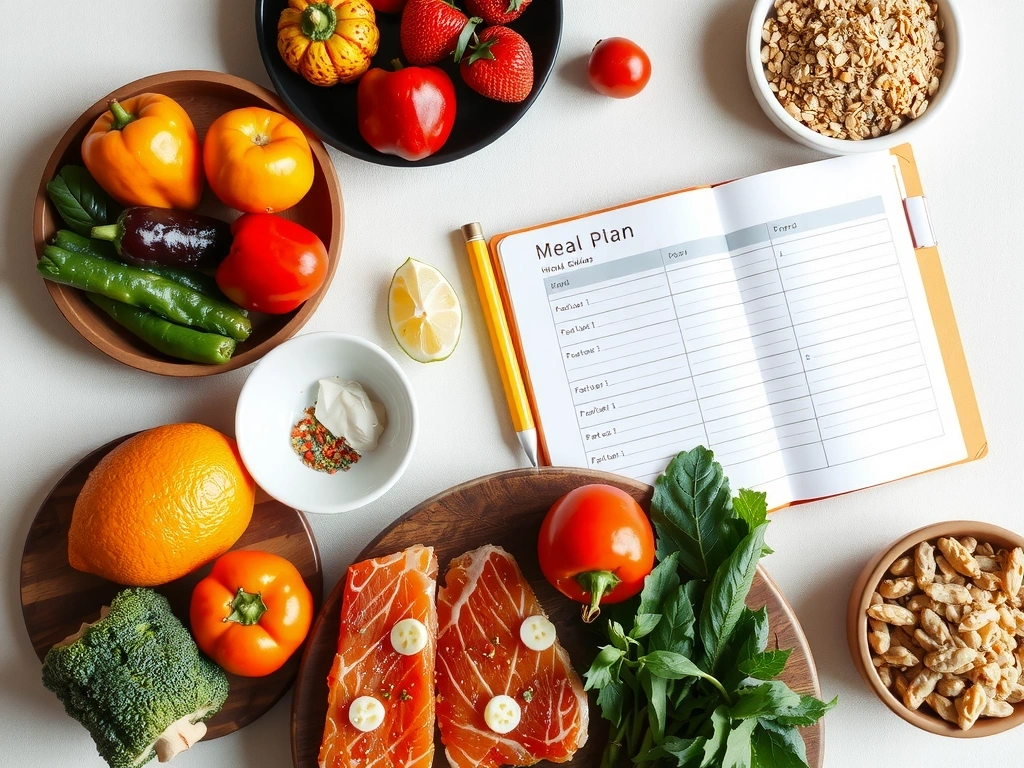 Tavolo con ingredienti freschi e un quaderno per il piano alimentare